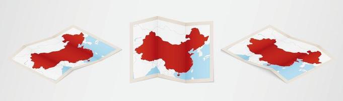 Folded map of China in three different versions. vector