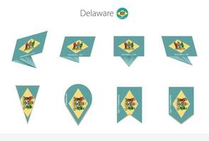 colección de banderas del estado de delaware, ocho versiones de banderas vectoriales de delaware. vector