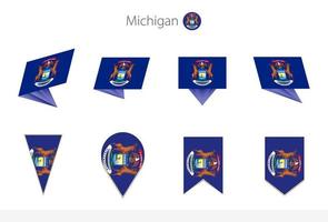 colección de banderas del estado de michigan us, ocho versiones de banderas vectoriales de michigan. vector