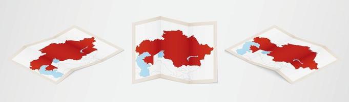 Folded map of Kazakhstan in three different versions. vector