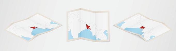 Folded map of Bangladesh in three different versions. vector