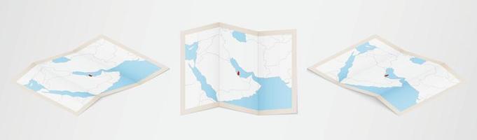 Folded map of Qatar in three different versions. vector