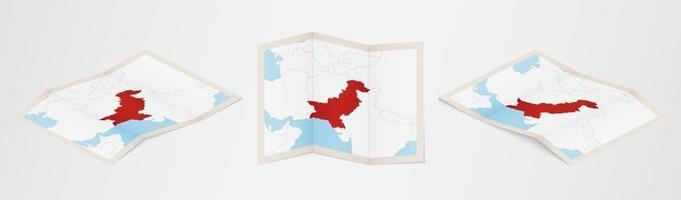 Folded map of Pakistan in three different versions. vector