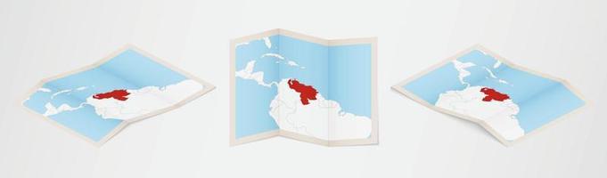 Folded map of Venezuela in three different versions. vector