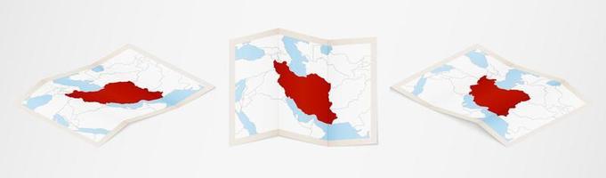 Folded map of Iran in three different versions. vector