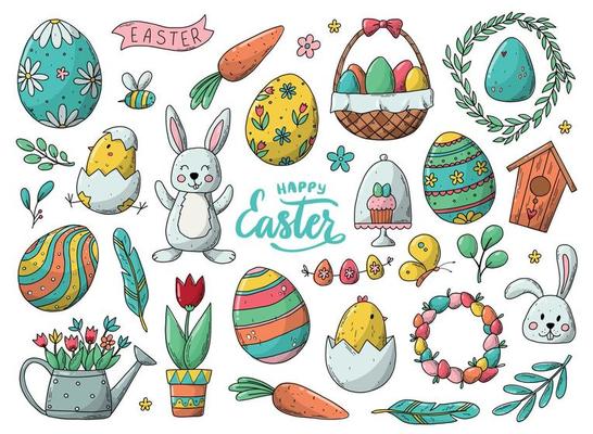 Easter doodles, cartoon sketches for stickers, prints, cards, signs, labels, icons, etc. EPS 10