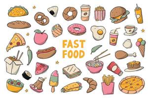 Set of fast food elements, objects, doodles isolated on white background. Good for planners, stickers, prints, signs, icons, etc. EPS 10 vector