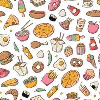 Fast food seamless pattern with hand drawn elements, doodles on white background. Wrapping paper, wallpaper, scrapbooking, textile prints, etc. EPS 10 vector