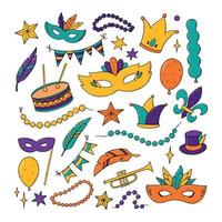 Set of Mardi Gras doodles, clip art, decorative elements for prints, stickers, icons, prints, cards, magnets, sublimation, etc. EPS 10 vector