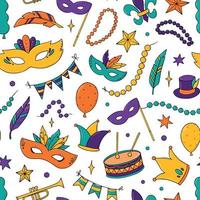 Mardi Gras seamless pattern with hand drawn elements, doodles on white background. Wrapping paper, textile print, wallpaper, scrapbooking, giftware design. EPS 10 vector