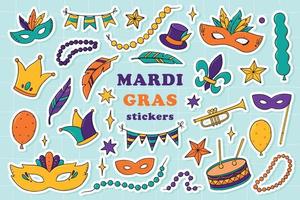 Set of Mardi Gras stickers, clip art, decorative elements isolated on blue background. Good for greeting cards, prints, posters, magnets, sublimation, etc. EPS 10 vector
