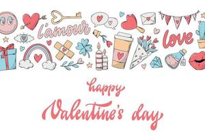 Valentine's day banner decorated with lettering quote and horizontal border of doodles. Good for templates, invitations, cards, posters, etc. EPS 10 vector