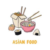 Asian food poster with hand drawn doodles, elements on wjite background. Good for stickers, prints, cards, banners, menu design, etc. EPS 10 vector