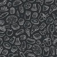 fast food seamless pattern with doodles and hand drawn elements on blackboard background. Wallpaper, scrapbooking, stationary, wrapping paper, textile prints design. EPS 10 vector