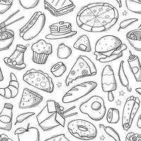 Seamless pattern with fast food doodles, elements for wallpaper, wrapping paper, backgrounds, coloring pages, scrapbooking, recipe books, textile prints, etc. EPS 10 vector