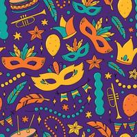Mardi Gras seamless pattern with hand drawn doodles, clip art, masquerade elements. Good for wrapping paper, textile prints, backgrounds, wallpaper, scrapbooking, stationary, etc. EPS 10 vector