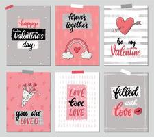 Set of 6 Valentine's day greeting cards, posters, prints, invitations, banners, templates, etc. decorated with lettering quotes and doodles. EPS 10 vector