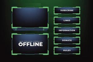 Futuristic green gaming overlay decoration for online gamers. Live stream overlay vector with offline screen section and colorful buttons. Live streaming overlay design for screen panels.