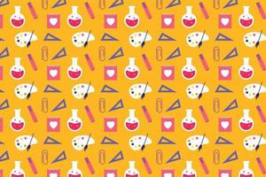Educational seamless pattern decoration for the backdrop, wallpaper, book cover, or background. Academic endless pattern vector with a test tube, scale, and art board. Minimal study background texture