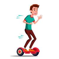 Teen Boy On Hoverboard Vector. Riding On Gyro Scooter. Outdoor Activity. Two-Wheel Electric Self-Balancing Scooter. Isolated Illustration vector