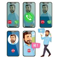 Online Call Vector. Man Face. Mobile Smartphone Screen. Video, Voice Chatting Online. Speaking. Calling Application Interface. On-line Chat App. Communication. Wireless Talking. Illustration