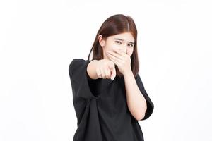 Pointing at you and Laughing Of Beautiful Asian Woman Isolated On White Background photo