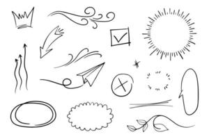 Doodle element vector set, checkmark, arrow, swirl, crown and etc, for concept design.