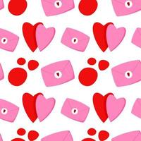 Seamless pattern of envelopes and hearts on a white background. Use on Valentines Day on textiles, wrapping paper, backgrounds, souvenirs. Vector