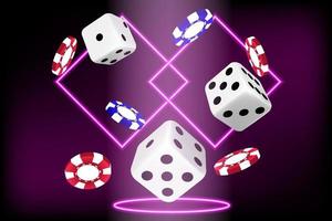 Banner with dice and chips on a purple background. The concept of gambling, online casino. Vector image