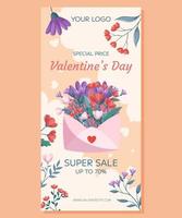 Valentine's Day vertical Super Sale banner template design. Pink open envelop, red flowers green leaves beige backdrop. Special Price concept online shopping, decorative clouds hearts, floral frame vector