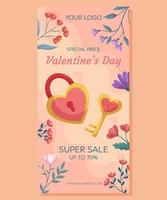 diseño de plantilla de banner de súper venta vertical del día de san valentín. cerradura y llave en forma de corazón, color dorado y rosa con marco floral sobre fondo beige. concepto de precio especial compras en línea vector