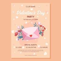 diseño de plantilla de afiche de fiesta de san valentín. sobre cerrado rosa, flores rojas y rosas hojas verdes sobre fondo beige. invitación de evento para club vector