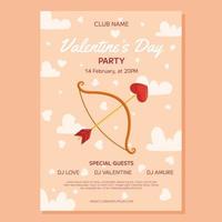 Valentine's Day Party poster template design. Bow and arrow with a heart-shaped arrowhead, clouds and heart around on beige back. Event invitation for club vector