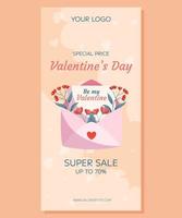 diseño de plantilla de banner de súper venta vertical del día de san valentín. sobre abierto rosa, palabras te amo flores rojas hojas verdes telón de fondo beige. concepto de precio especial compras en línea nubes decorativas corazones vector