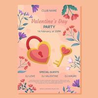 diseño de plantilla de afiche de fiesta de san valentín. cerradura y llave en forma de corazón, color dorado y rosa con marco floral de fondo beige. invitación de evento para club, corazones decorativos y marco floral vector