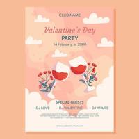 diseño de plantilla de afiche de fiesta de san valentín. dos copas de vino con flores detrás de él en clounds blancos de espalda beige. invitación de evento para club vector