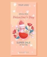 Valentine's Day vertical Super Sale banner template design. Love potion bottle concept illustration with red and pink flowers behind it. Special Price concept online shopping, vector