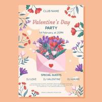 diseño de plantilla de afiche de fiesta de san valentín. sobre abierto rosa, flores rojas, hojas verdes, fondo beige. invitación al evento para club, nubes decorativas, corazones y marco floral alrededor vector