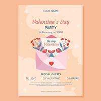 Valentine's Day Party poster template design. Pink open envelop, letter words Love You red flowers green leaves beige backdrop. Event invitation for club decorative clouds hearts vector