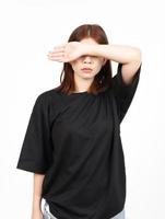 Covering eye With arms Of Beautiful Asian Woman Isolated On White Background photo