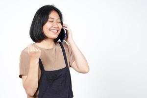 Talking on the smartphone with happy face of Beautiful Asian Woman Isolated On White Background photo