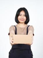 Holding Package Box or Cardboard Box of Beautiful Asian Woman Isolated On White Background photo