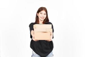 Holding Package Box or Cardboard Box Of Beautiful Asian Woman Isolated On White Background photo