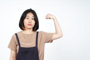 Showing strength and rise arms of Beautiful Asian Woman Isolated On White Background photo