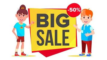 Big Sale Banner Vector. School Children, Pupil. Funny Character. Up To 50 Percent Off Badges. Isolated Illustration vector