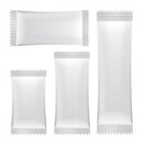 Sachet Vector Set. White Clean Blank Of Stick Sachet Packaging. Package Mock-up Plastic Pouch Snack Pack For Your Design. Disposable Packaging For Snacks, Food, Sugar. Isolated Illustration