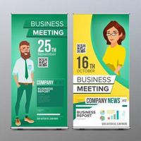 Roll Up Display Vector. Vertical Poster Template Layout. Businessman And Business Woman. Tech, Science. For Business Meeting. Advertising Concept. Green, Yellow. Business Cartoon Illustration vector