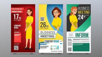 Roll Up Banner Set Vector. Vertical Billboard Template. Business Woman. Expo, Presentation, Festival. For Corporate Forum. Presentation Concept. Realistic Flat Illustration vector