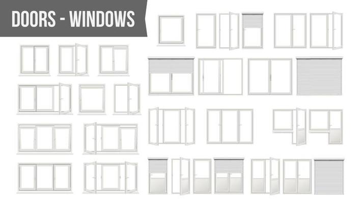 Plastic PVC Windows Doors Set Vector. Different Types. Roller Blind Shutters. Opened And Closed. Front View. Home Design Element. Isolated On White Background Realistic Illustration