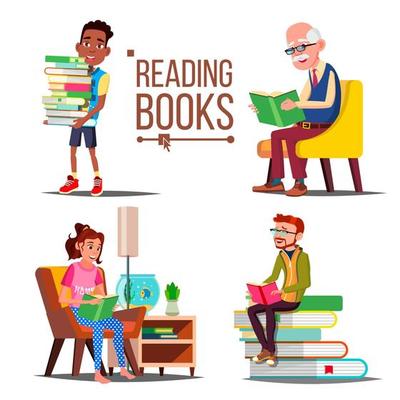 People Reading Books Vector. Big Stack Of Books. Education. Paper Book. Library. Man, Woman, Old Man, Child. Isolated Flat Cartoon Illustration